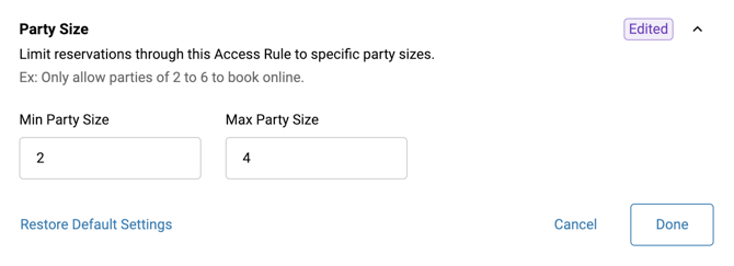 Create New Access Rule Party Size